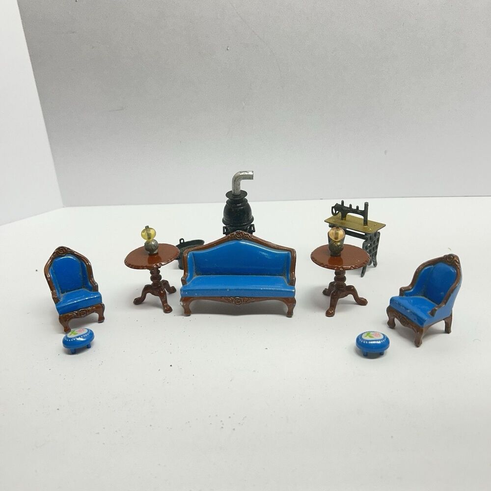 1980 Mattel The Littles Diecast Metal Dollhouse Furniture Blue Living Room Lot